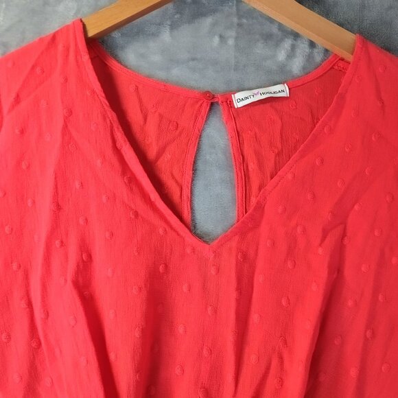 Dainty Hooligan Womens Tie Front Eyelit Top M Red Ruffle Sleeve Keyhole Romantic - Picture 5 of 10